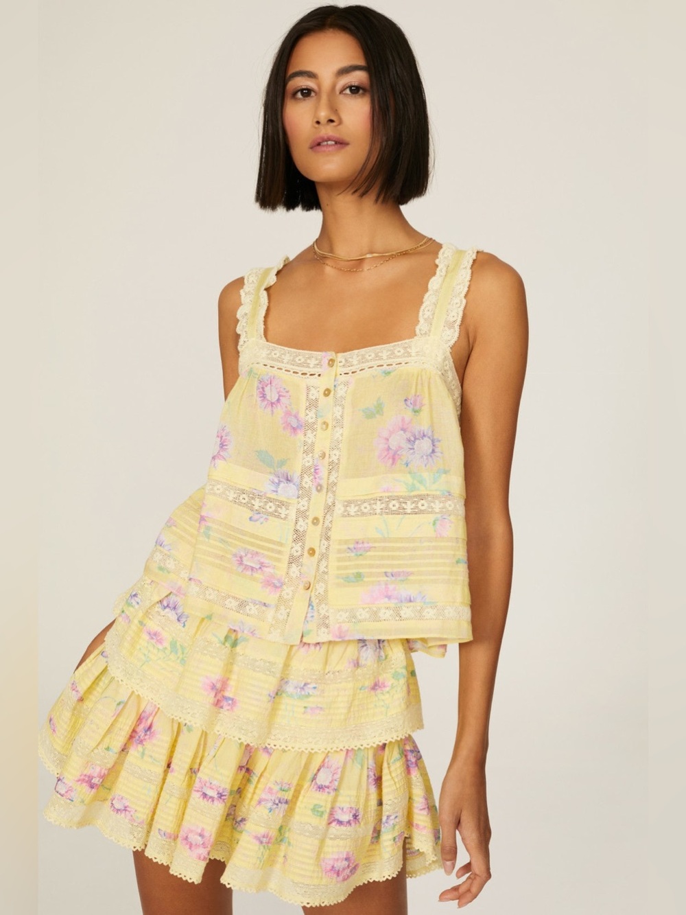 LoveShackFancy Sully Cotton Lace Trim Top in Yellow and Pink Floral
